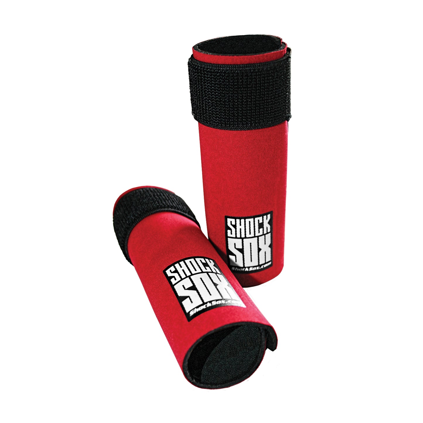 Pair of red 6U Shock Sox on a white background