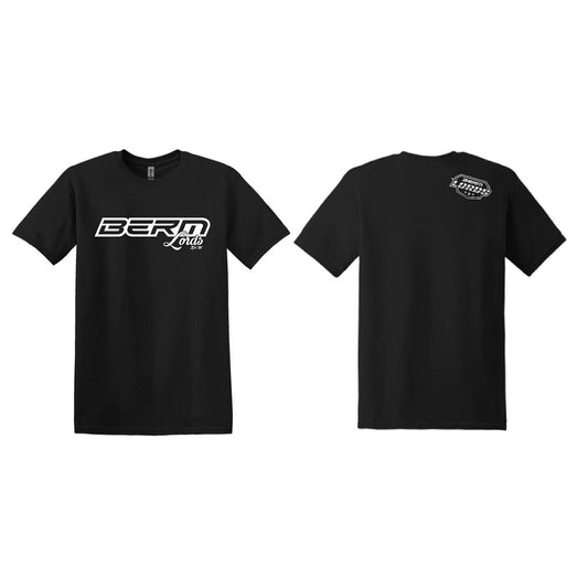 Black t-shirt with white logo on front and back, displayed on a white background