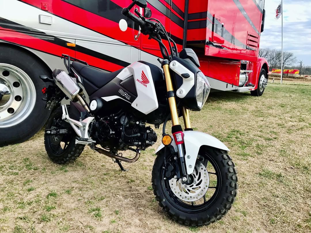 A Honda Grom with red 4U Shock Sox.
