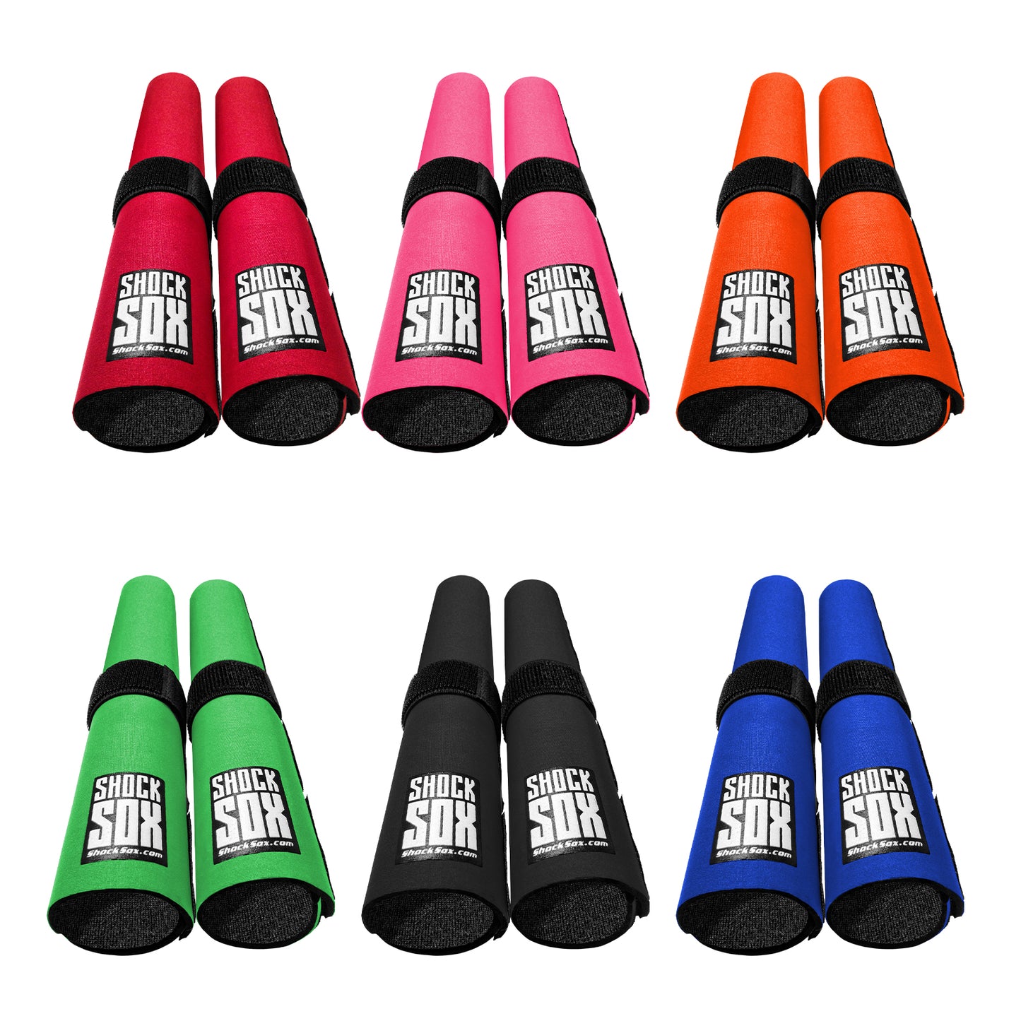 Collection of 13in Shock Sox in different colors on a white background