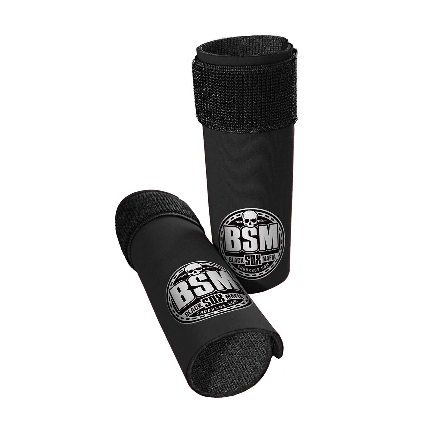 Pair of black 6U Shock Sox with BSM logo on a white background
