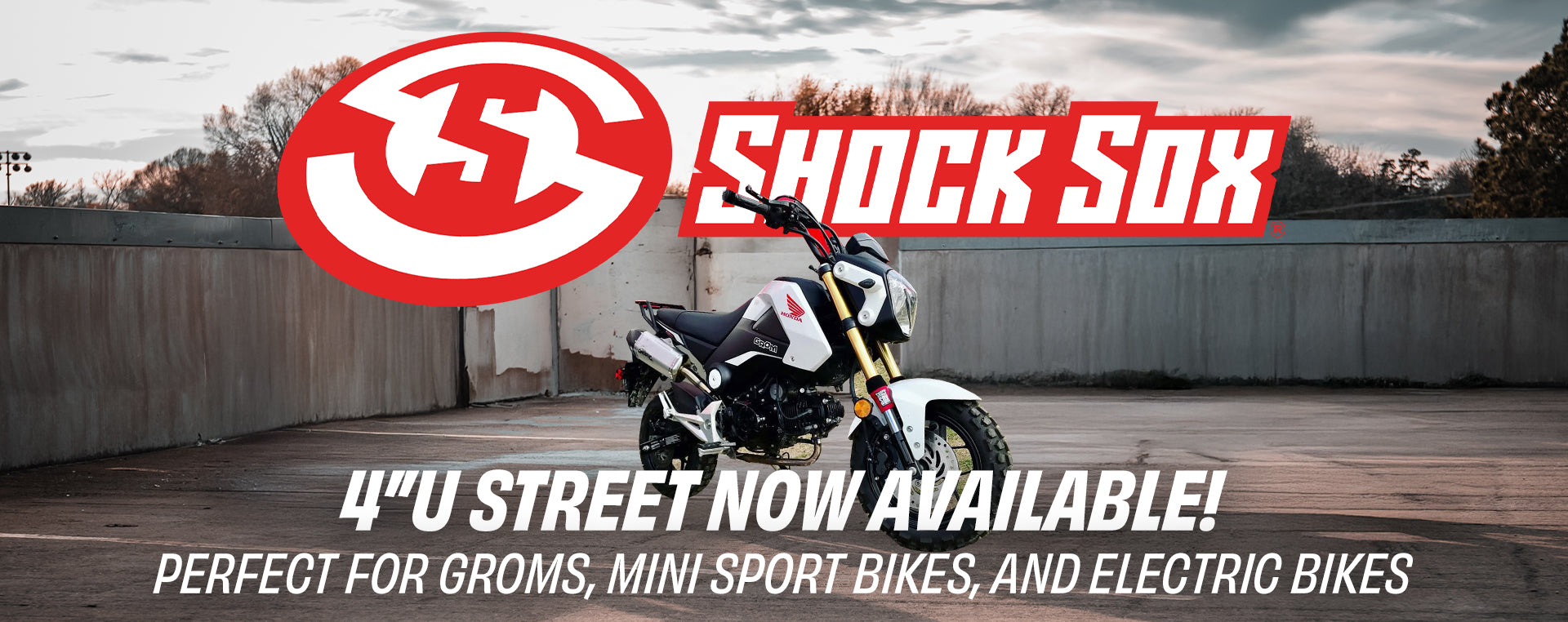 Motorcycle with Shock Sox logo and text about 4" U Street model availability.