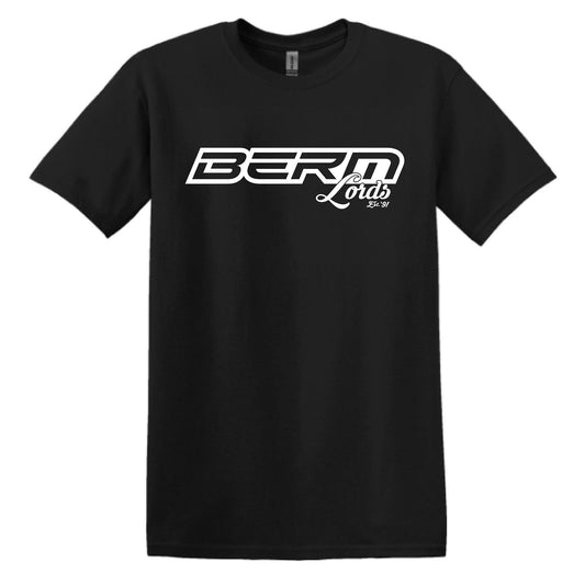 Black t-shirt with white logo on a white background