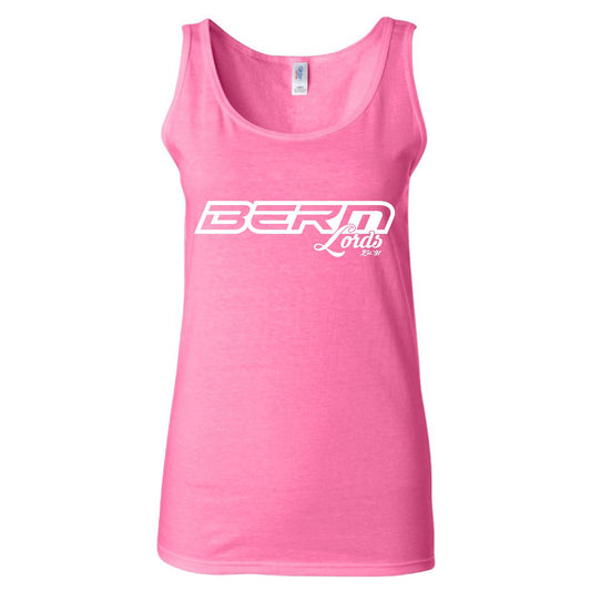 Pink tank top with white logo on a white background