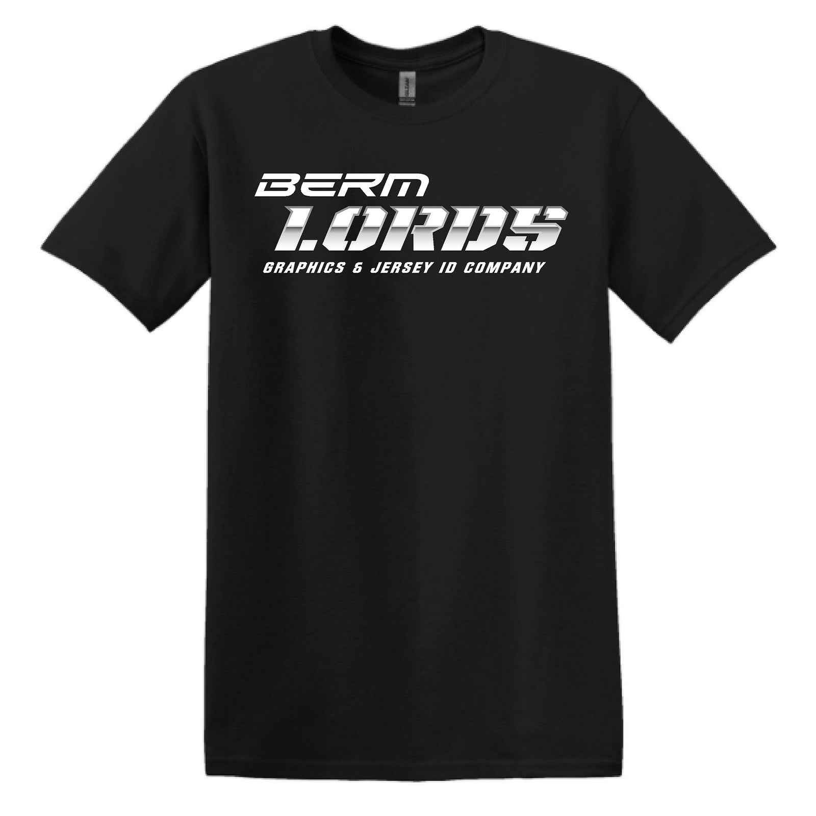 Black t-shirt with white text on a white background