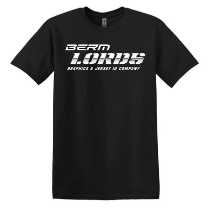 Black t-shirt with white text on a white background
