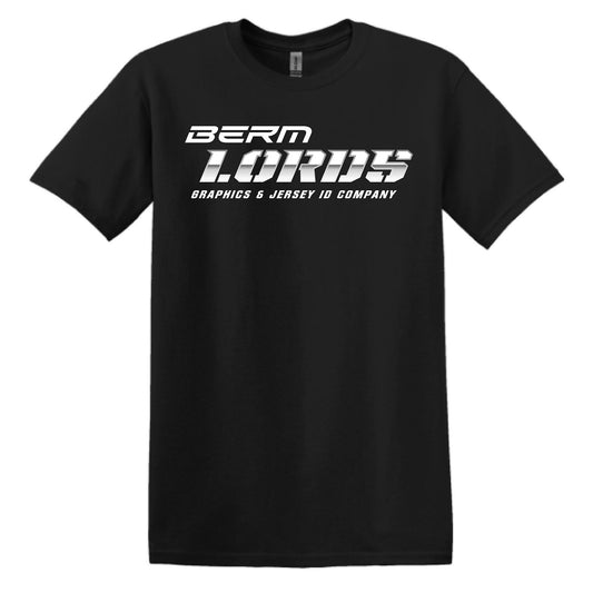 Black t-shirt with white text on a white background