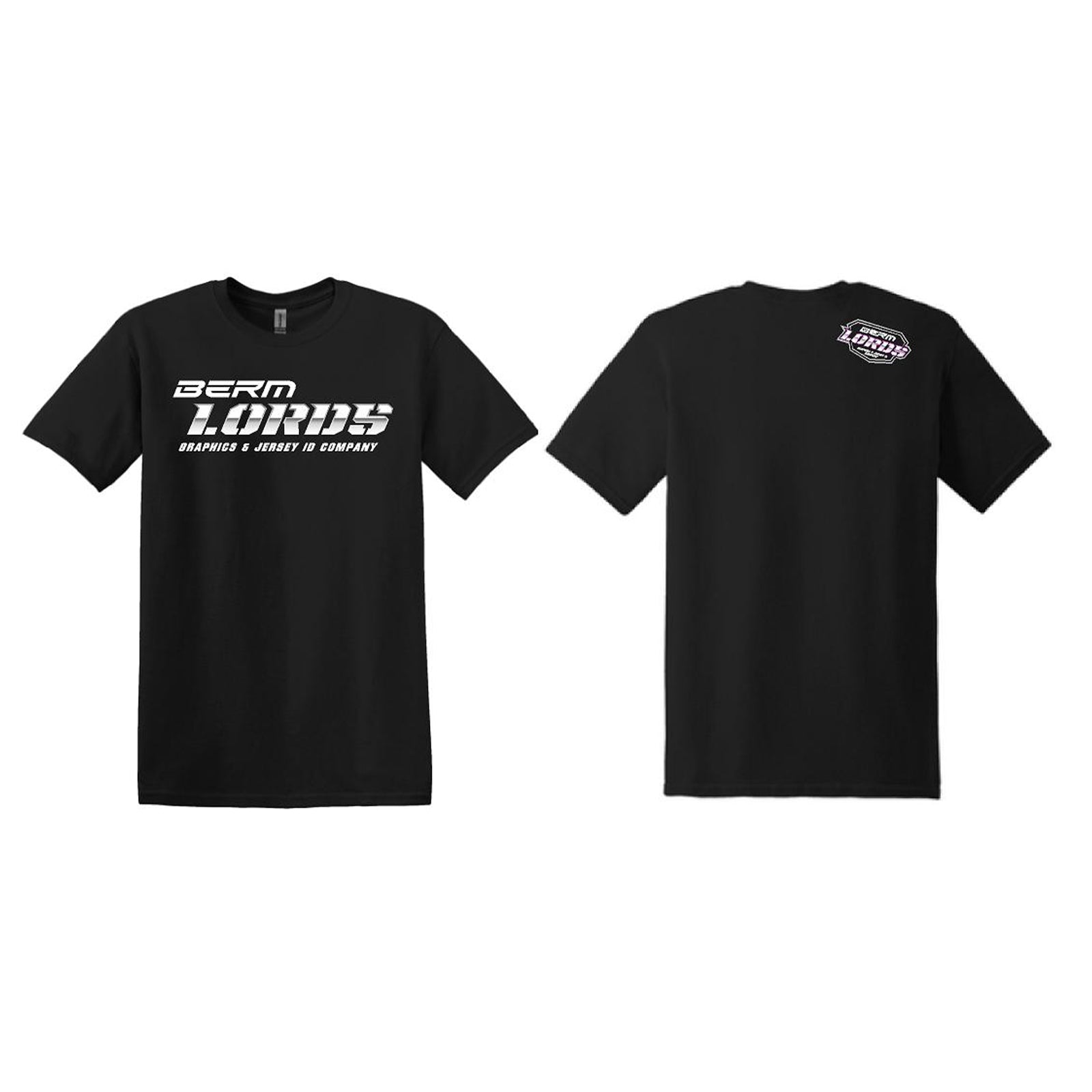 Black t-shirt with white text on a white background