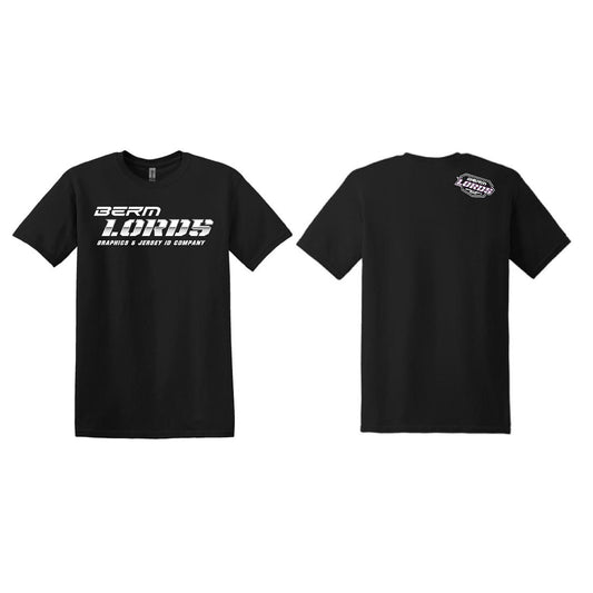 Black t-shirt with white text on a white background