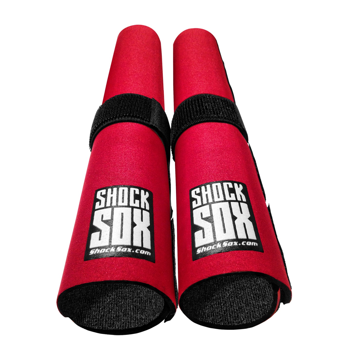 Pair of red 13in Shock Sox on a white background