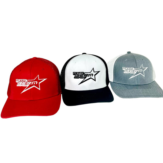 Three baseball caps in red, white, and gray with a Texas Berm logo on a white background