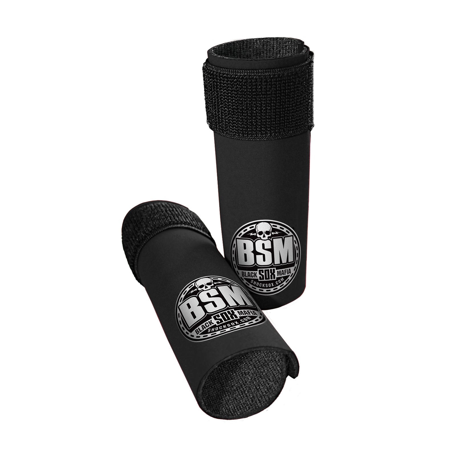 Pair of black 6U Shock Sox with BSM logo on a white background