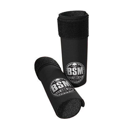 Pair of black 6U Shock Sox with BSM logo on a white background