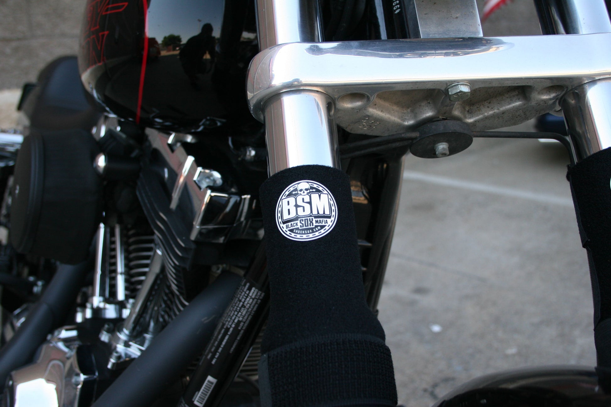 A picture of a street bike with BSM 6C Shock Sox on it.