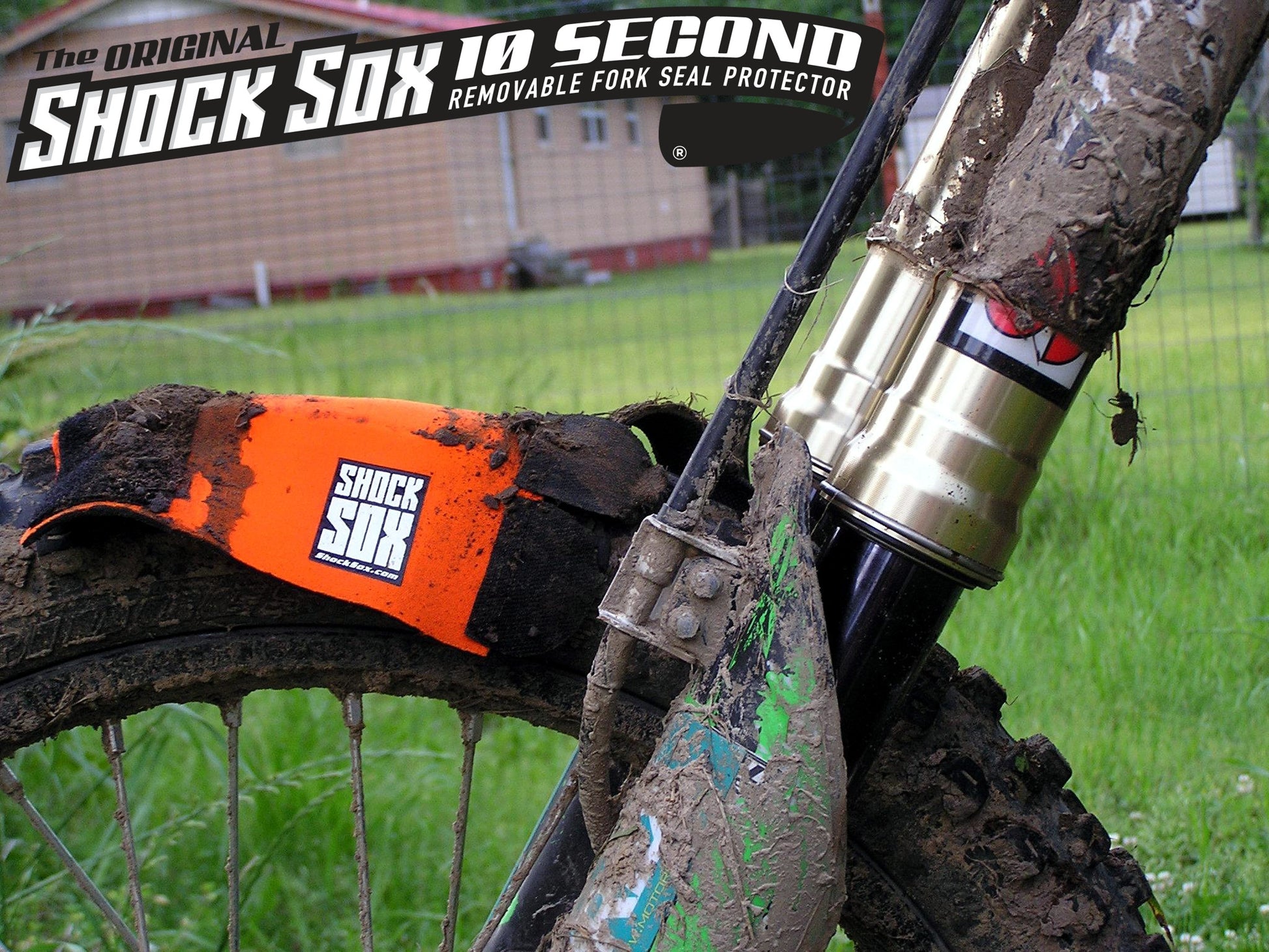 A picture showing what the forks on a dirtbike look like after being protected by Shock Sox.