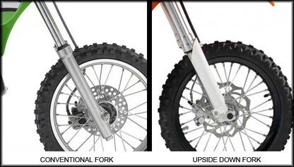A picture showing the different between conventional forks and upside down forks.