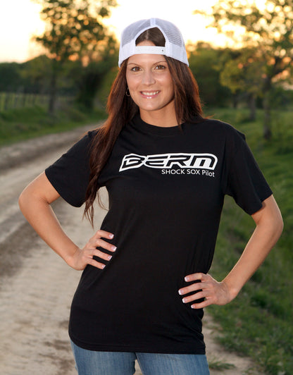 A lady wearing a black shirt that has a BERM Shock Sox logo on it.