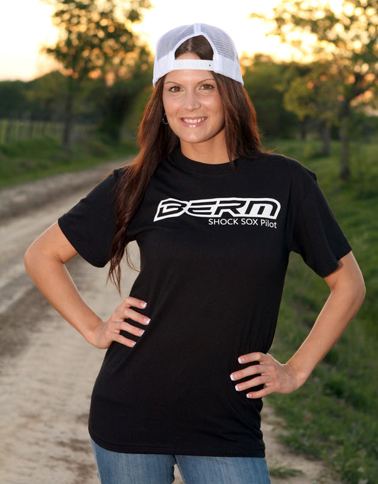 A lady wearing a black shirt that has a BERM Shock Sox logo on it.