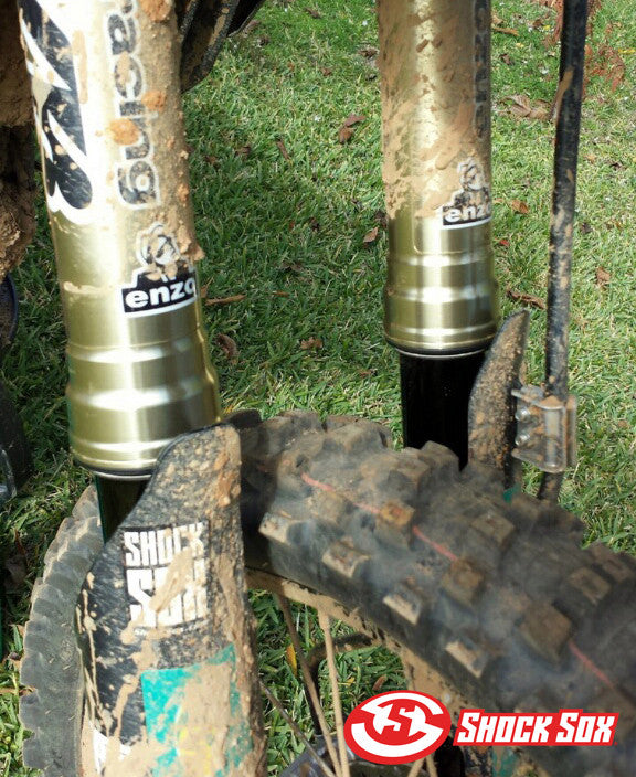A picture showing what dirt bike forks look like after being protected by Shock Sox.