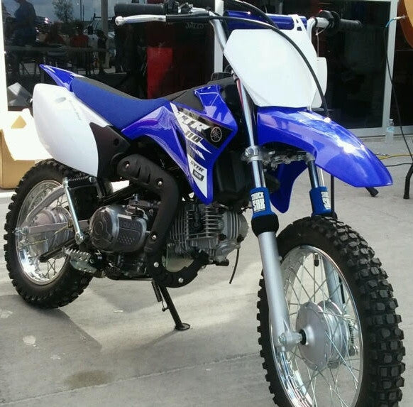 A picture of a Yamaha TTR with blue Shock Sox on it.