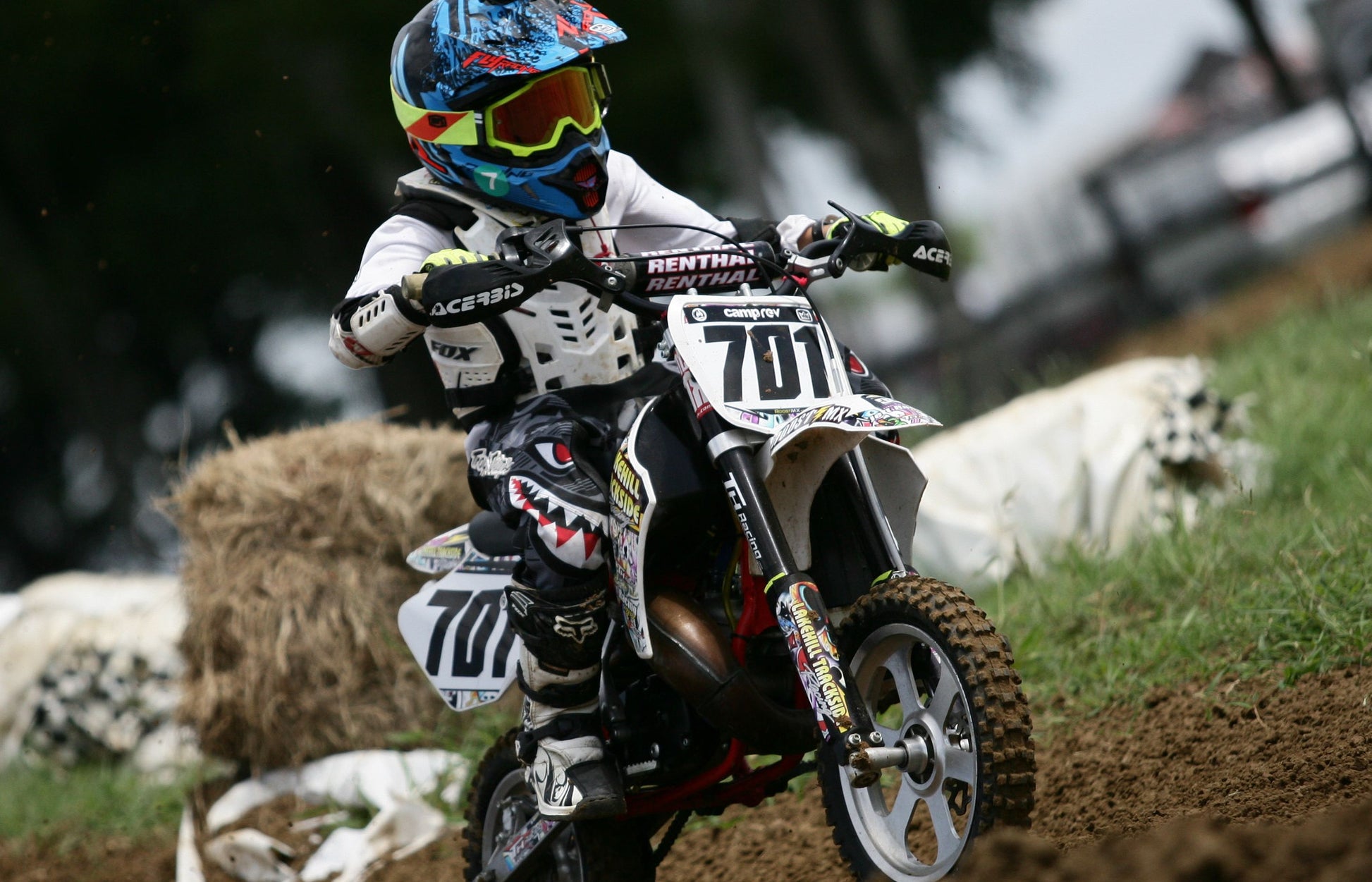 Someone riding a dirt bike with yellow Shock Sox on it.
